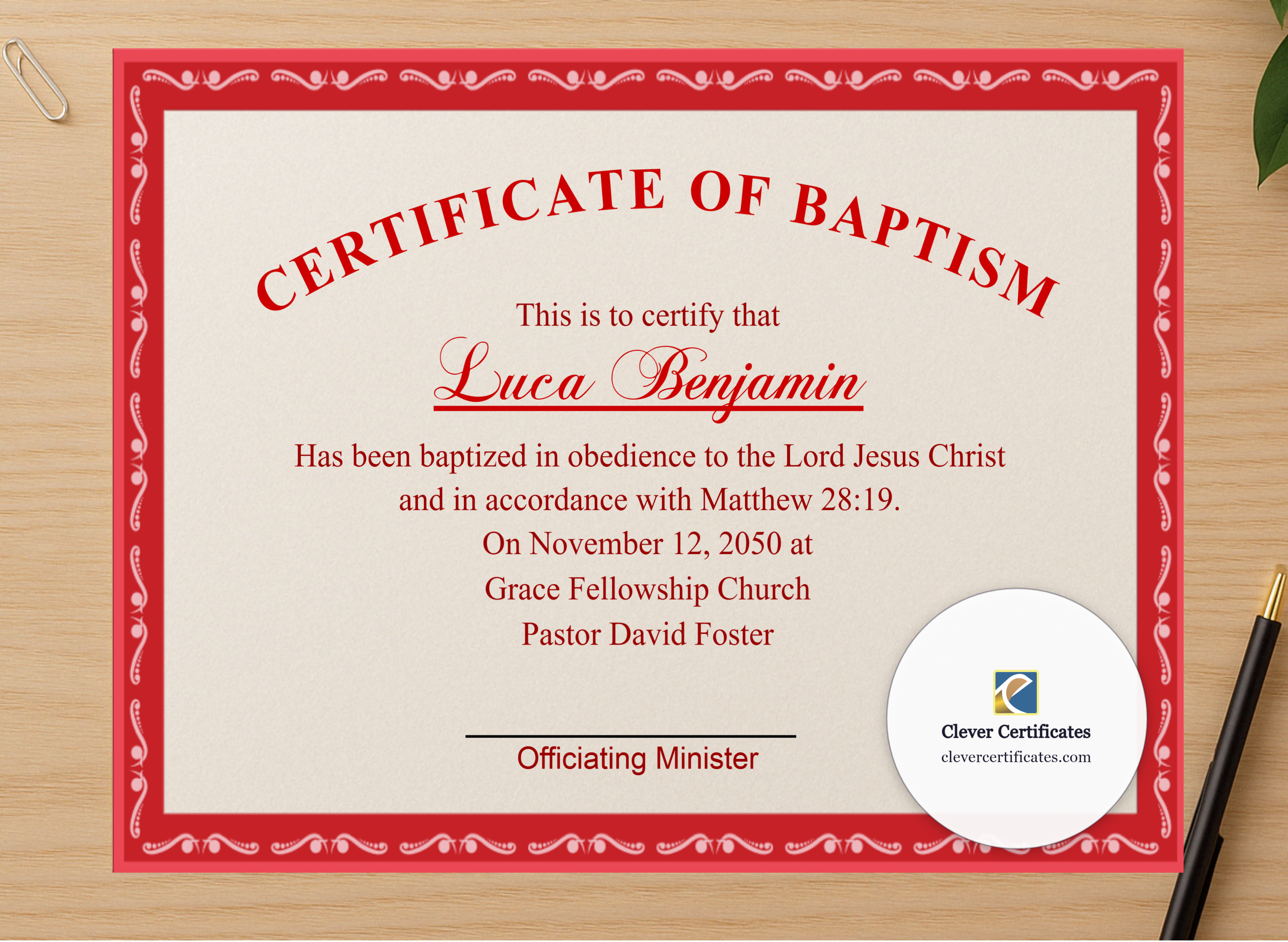 Professional preview of Adult Baptism Certificate certificate on high-quality stationery paper, ideal for showcasing the final look.