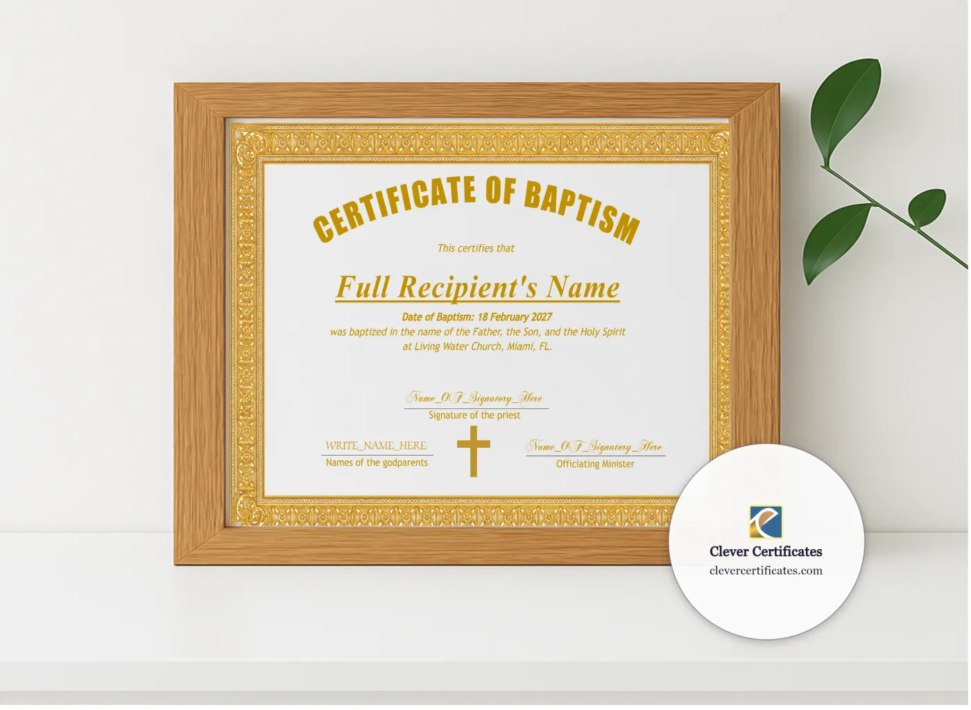 Realistic mockup featuring Christening Certificate displayed within a modern frame, set against a minimalistic background.