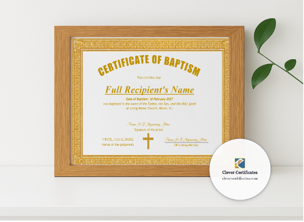 Realistic mockup featuring Christening Certificate displayed within a modern frame, set against a minimalistic background.