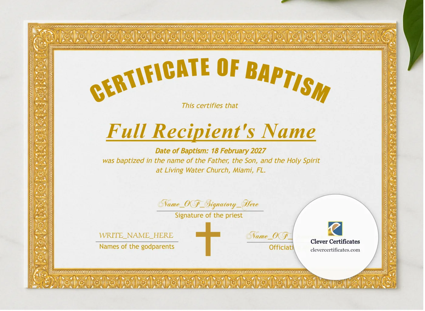 Christening Certificate presented in a sleek wooden frame, elegantly arranged on a stylish table.
