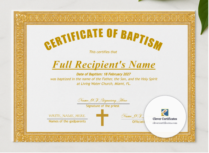 Christening Certificate presented in a sleek wooden frame, elegantly arranged on a stylish table.