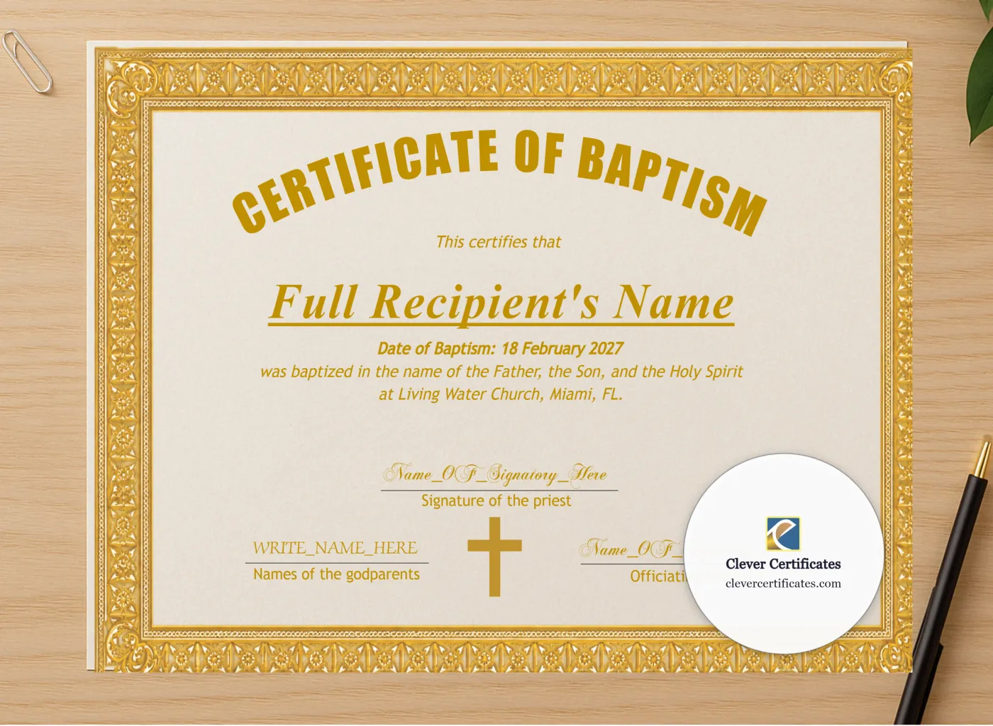Professional preview of Christening Certificate certificate on high-quality stationery paper, ideal for showcasing the final look.