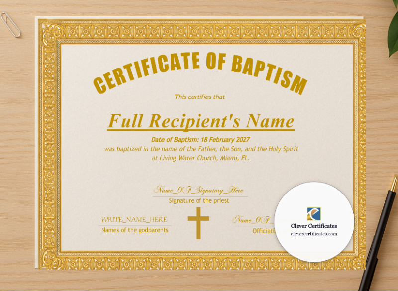 Professional preview of Christening Certificate certificate on high-quality stationery paper, ideal for showcasing the final look.