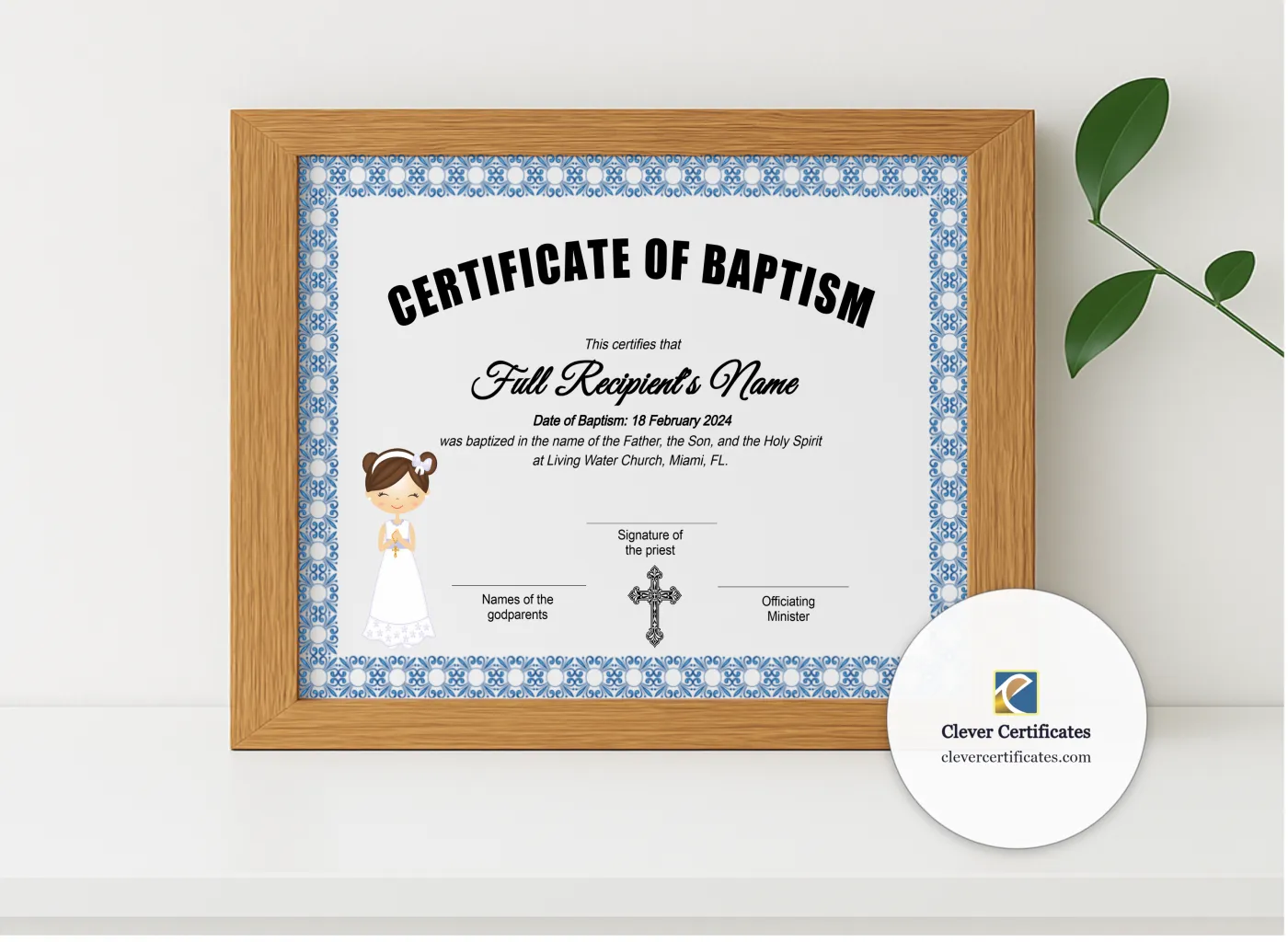 Realistic mockup featuring First Communion Certificate displayed within a modern frame, set against a minimalistic background.