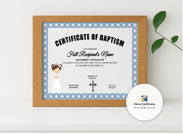 Realistic mockup featuring First Communion Certificate displayed within a modern frame, set against a minimalistic background.