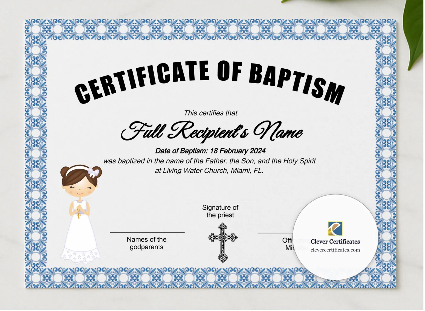 First Communion Certificate presented in a sleek wooden frame, elegantly arranged on a stylish table.