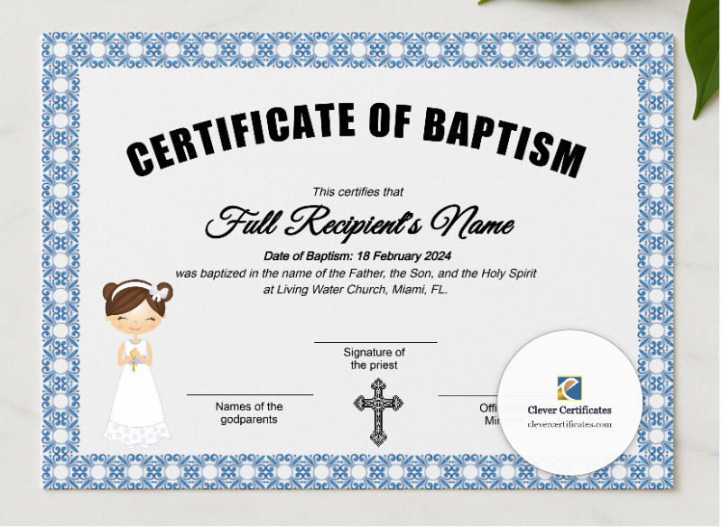 First Communion Certificate presented in a sleek wooden frame, elegantly arranged on a stylish table.