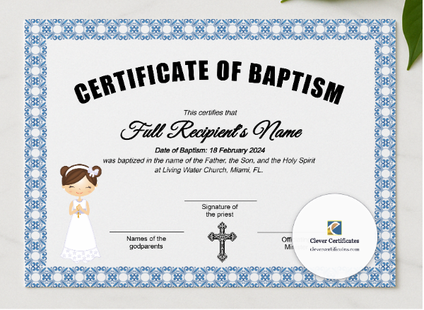First Communion Certificate presented in a sleek wooden frame, elegantly arranged on a stylish table.