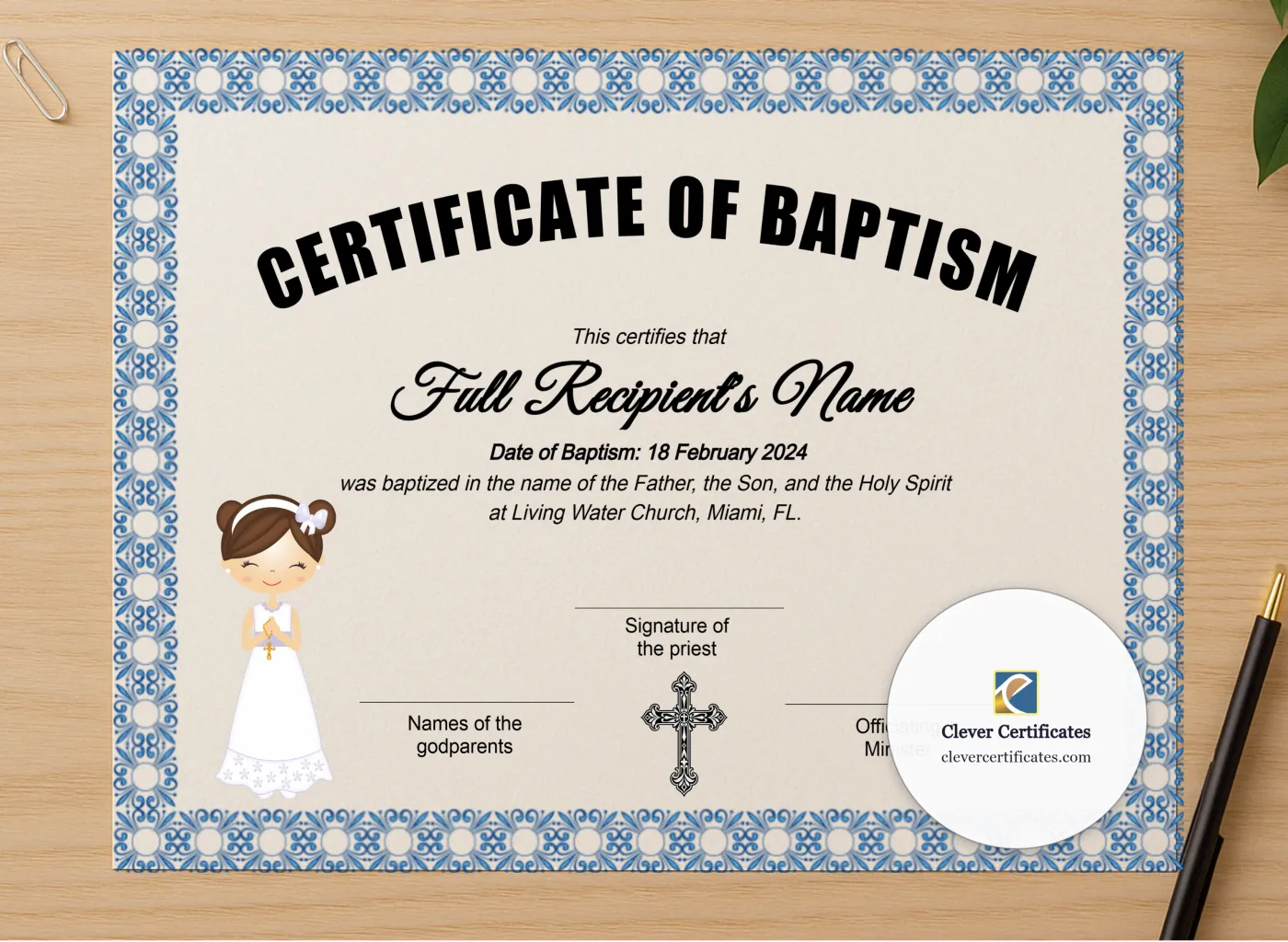 Professional preview of First Communion Certificate certificate on high-quality stationery paper, ideal for showcasing the final look.