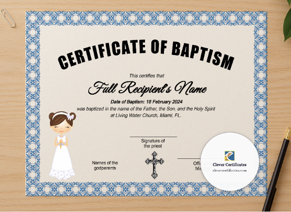 Professional preview of First Communion Certificate certificate on high-quality stationery paper, ideal for showcasing the final look.