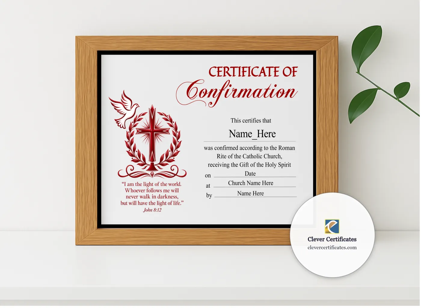 Realistic mockup featuring Confirmation Certificate displayed within a modern frame, set against a minimalistic background.