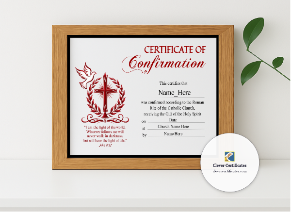 Realistic mockup featuring Confirmation Certificate displayed within a modern frame, set against a minimalistic background.