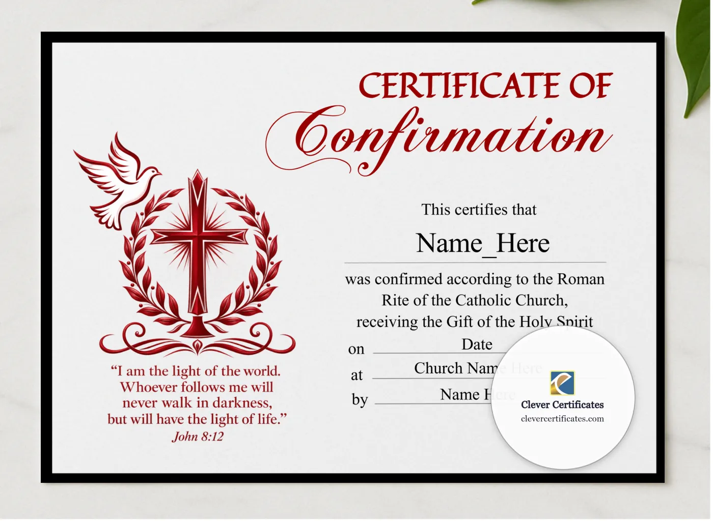Confirmation Certificate presented in a sleek wooden frame, elegantly arranged on a stylish table.