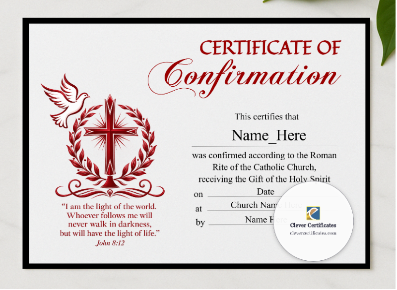 Confirmation Certificate presented in a sleek wooden frame, elegantly arranged on a stylish table.