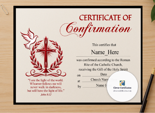 Professional preview of Confirmation Certificate certificate on high-quality stationery paper, ideal for showcasing the final look.