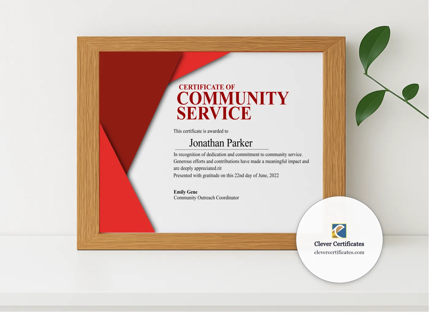 Realistic mockup featuring Community Service Certificate displayed within a modern frame, set against a minimalistic background.