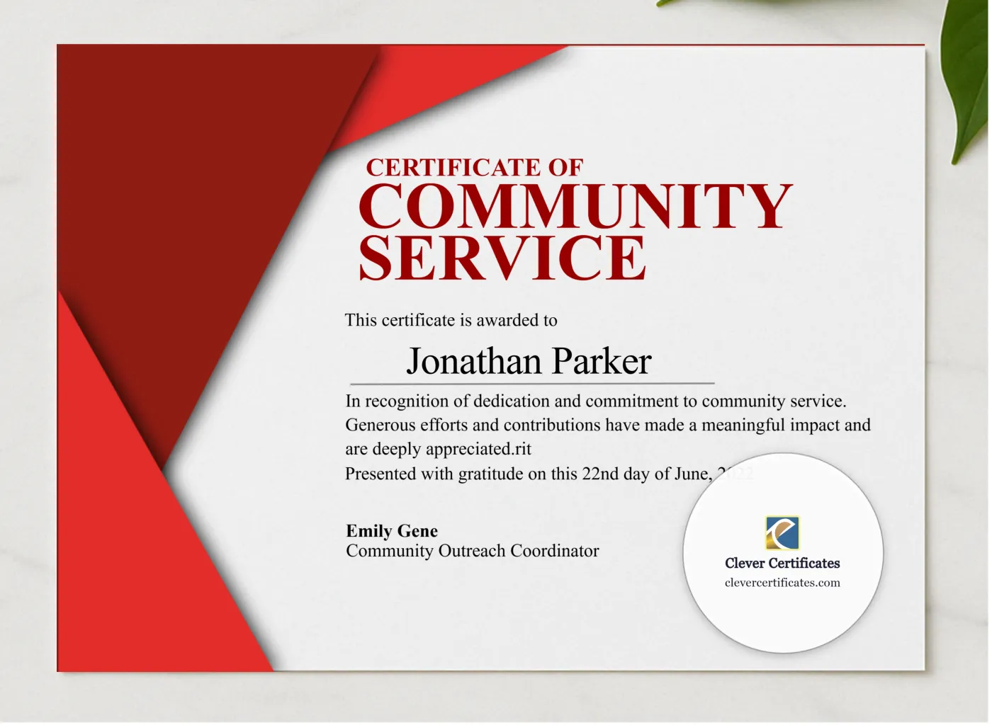 Community Service Certificate presented in a sleek wooden frame, elegantly arranged on a stylish table.