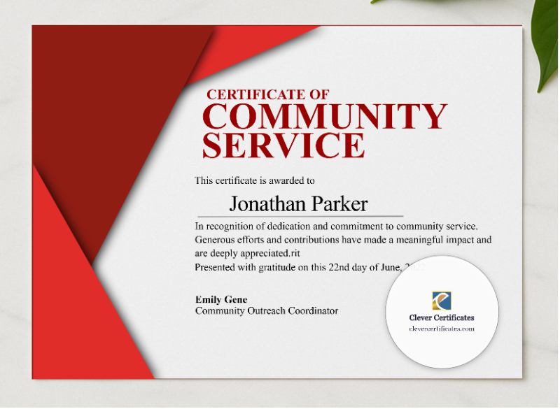 Community Service Certificate presented in a sleek wooden frame, elegantly arranged on a stylish table.