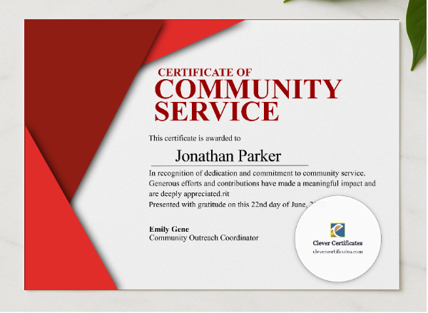 Community Service Certificate presented in a sleek wooden frame, elegantly arranged on a stylish table.