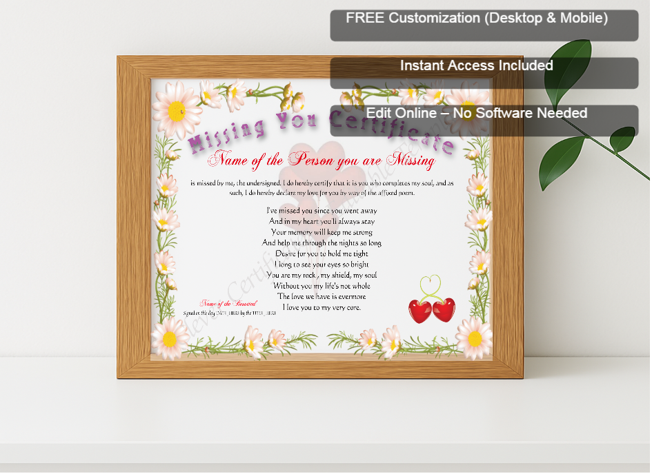 Premium mockup with Free Editor badge stack for Missing You Certificate