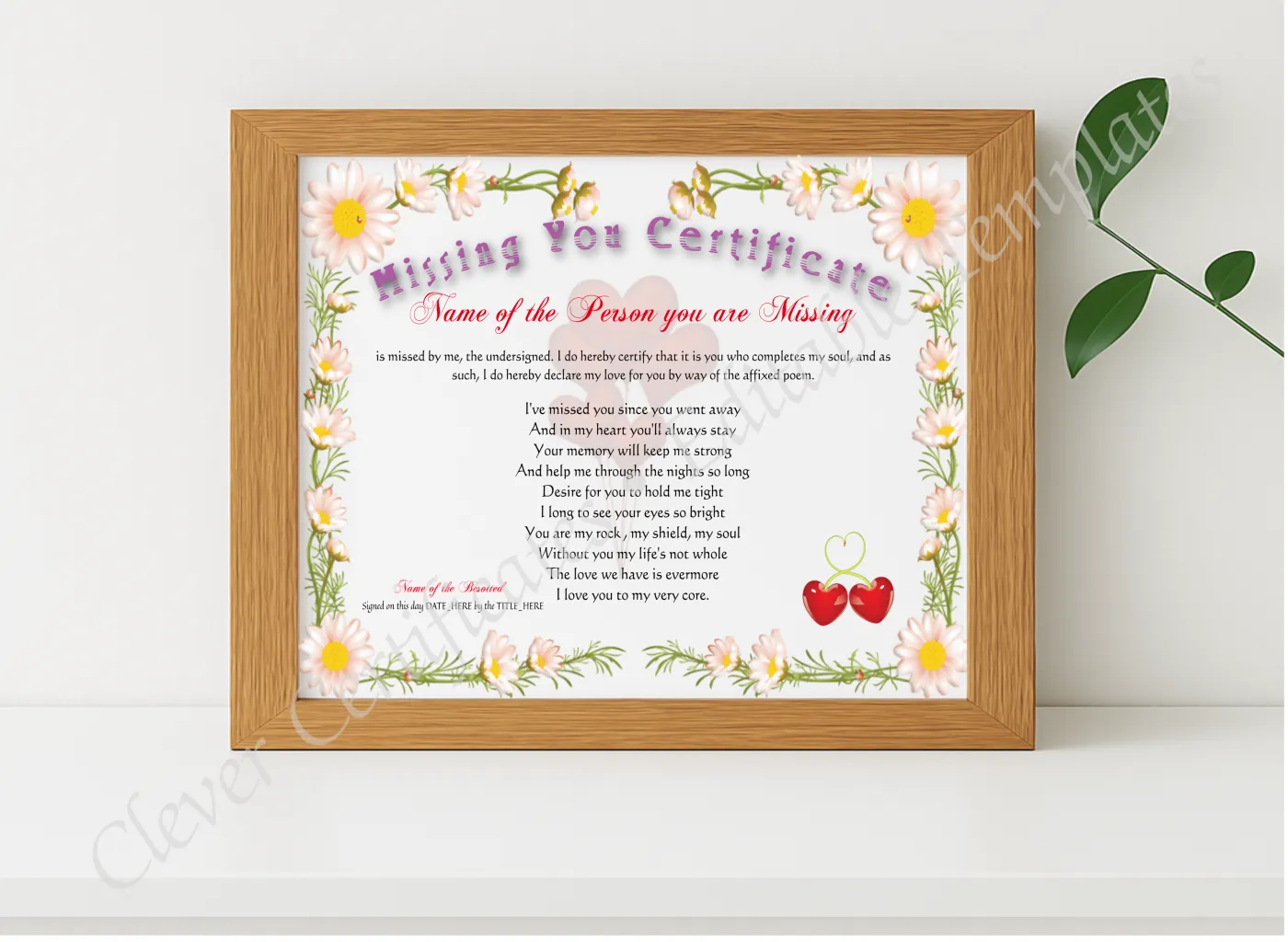 Realistic mockup featuring Missing You Certificate displayed within a modern frame, set against a minimalistic background.