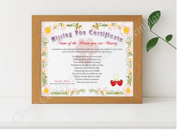 Realistic mockup featuring Missing You Certificate displayed within a modern frame, set against a minimalistic background.