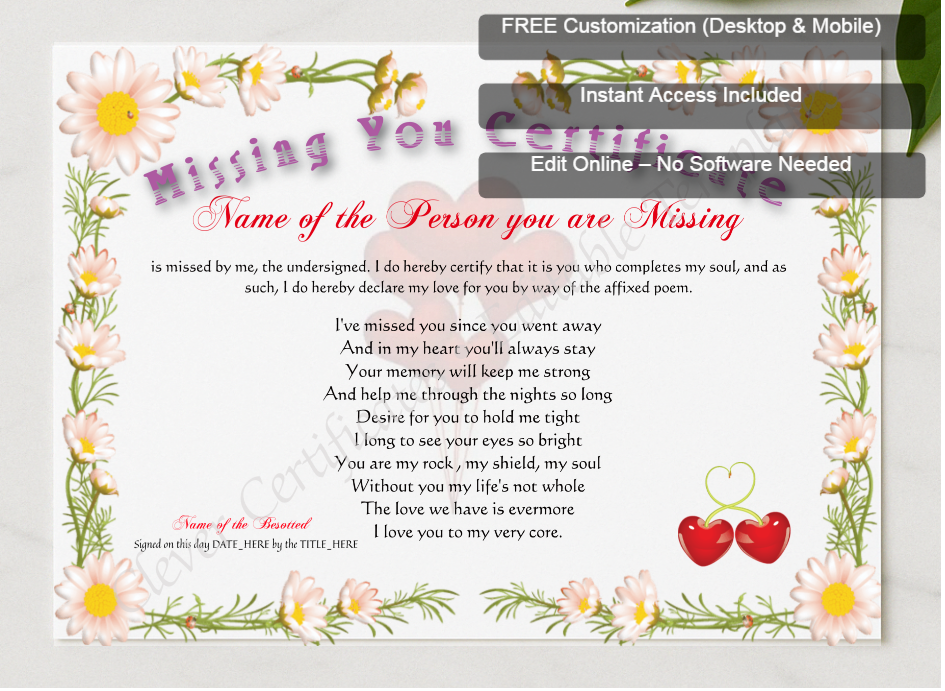Framed preview featuring Free Editor badge stack for Missing You Certificate