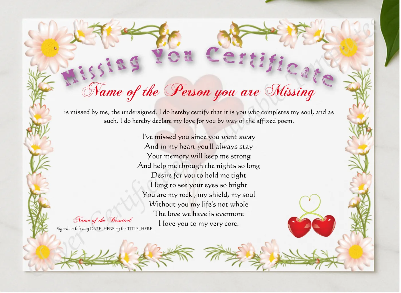 Missing You Certificate presented in a sleek wooden frame, elegantly arranged on a stylish table.