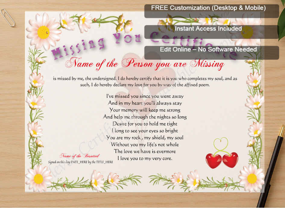 Zoomed preview with Free Editor badge stack for Missing You Certificate