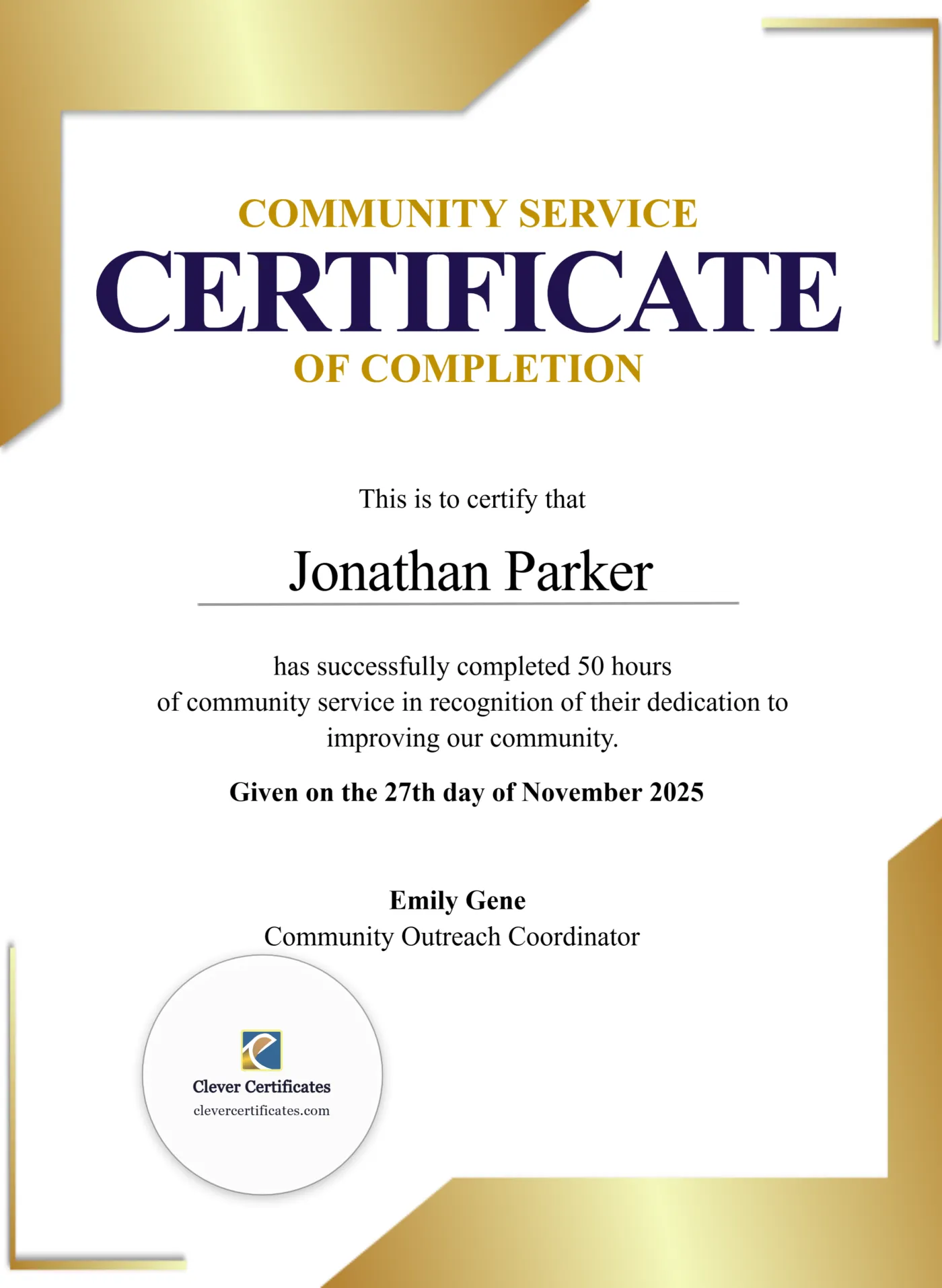 Hours of Service Certificate Portrait — Certificate Template Preview