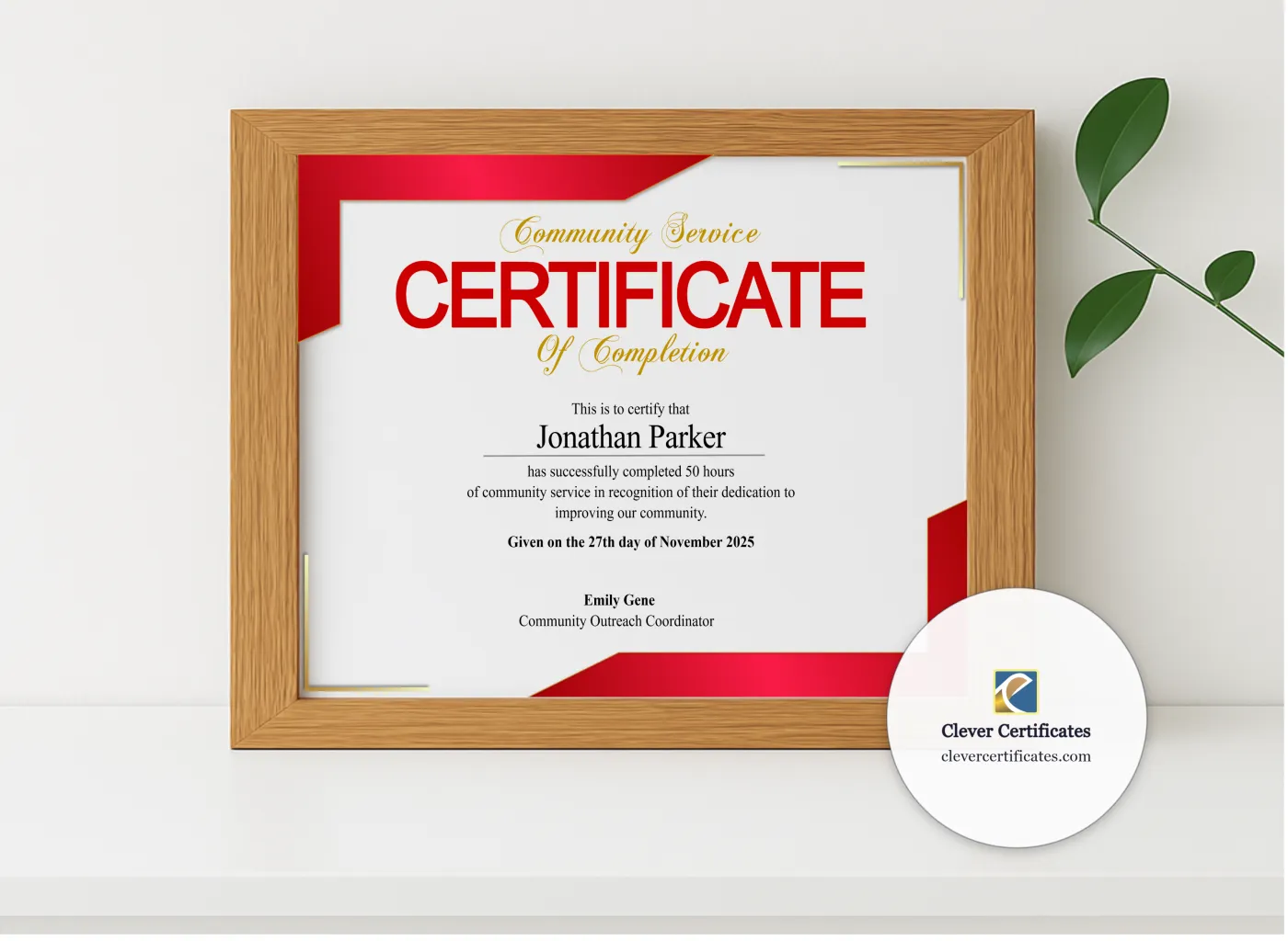 Realistic mockup featuring Hours of Service Certificate displayed within a modern frame, set against a minimalistic background.