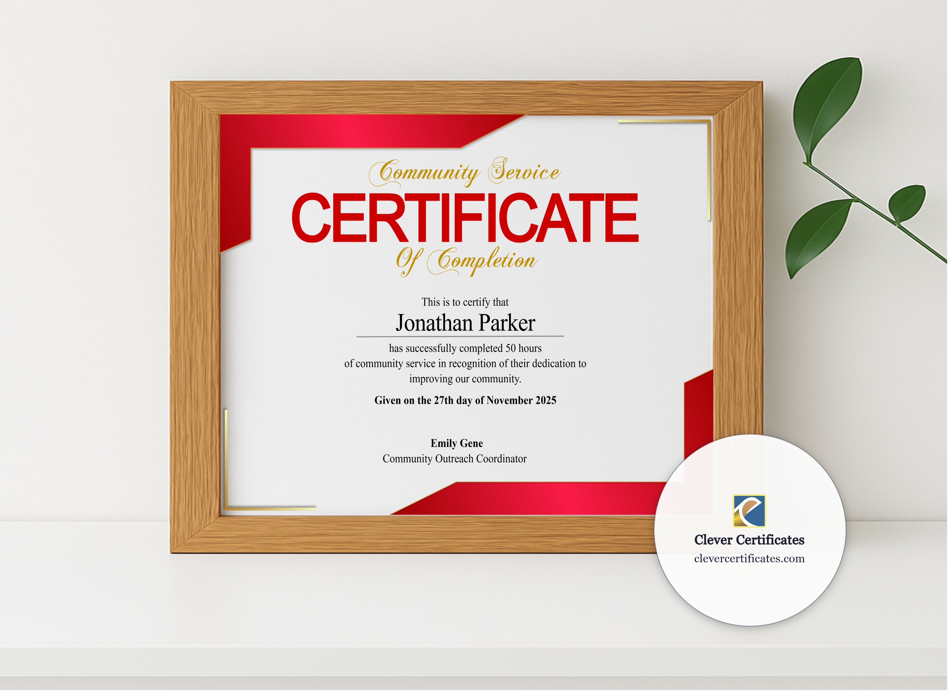 Realistic mockup featuring Hours of Service Certificate displayed within a modern frame, set against a minimalistic background.