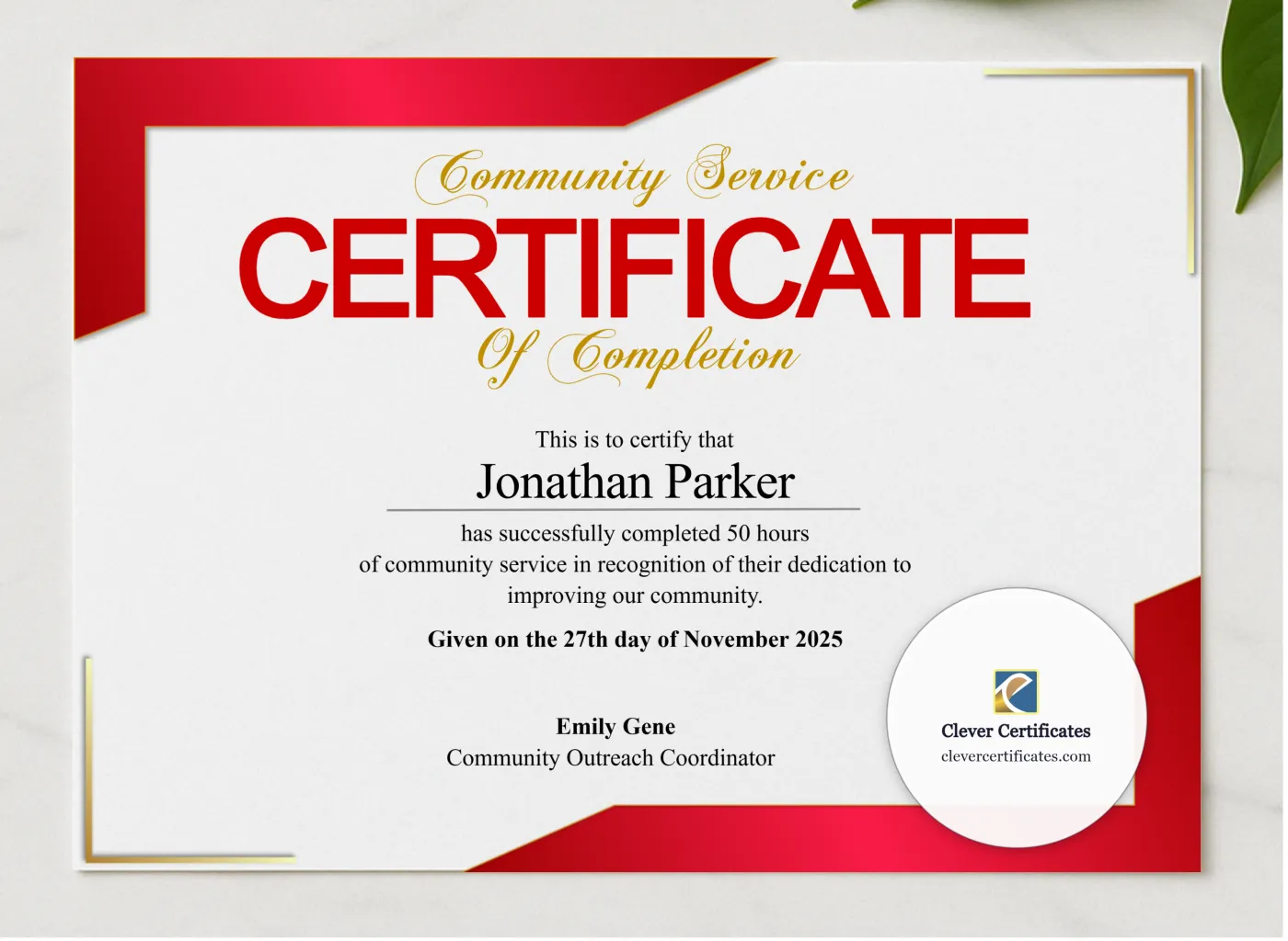 Hours of Service Certificate presented in a sleek wooden frame, elegantly arranged on a stylish table.