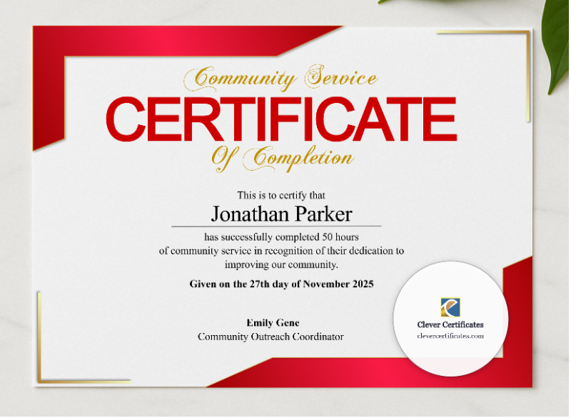 Hours of Service Certificate presented in a sleek wooden frame, elegantly arranged on a stylish table.