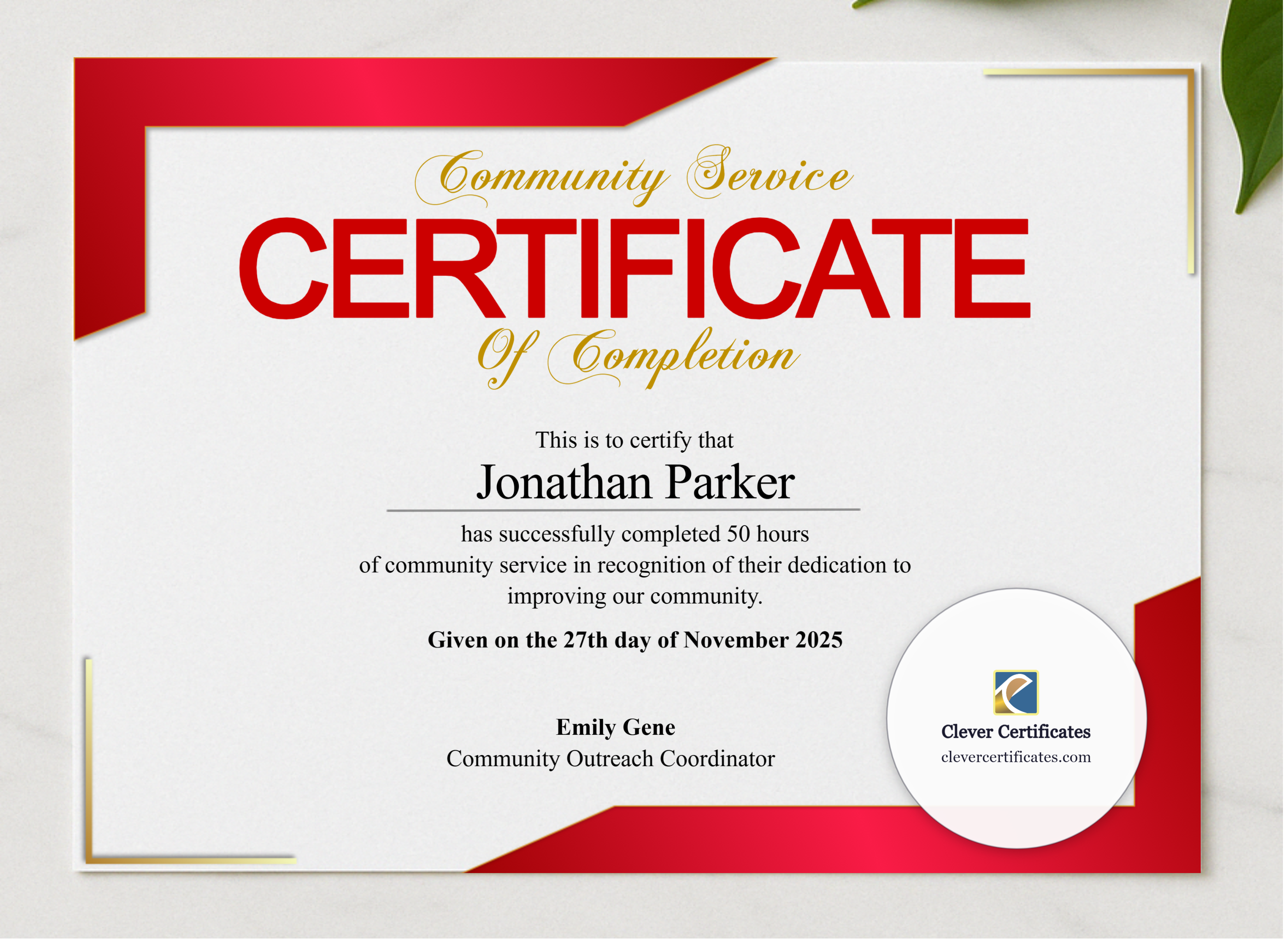 Hours of Service Certificate presented in a sleek wooden frame, elegantly arranged on a stylish table.