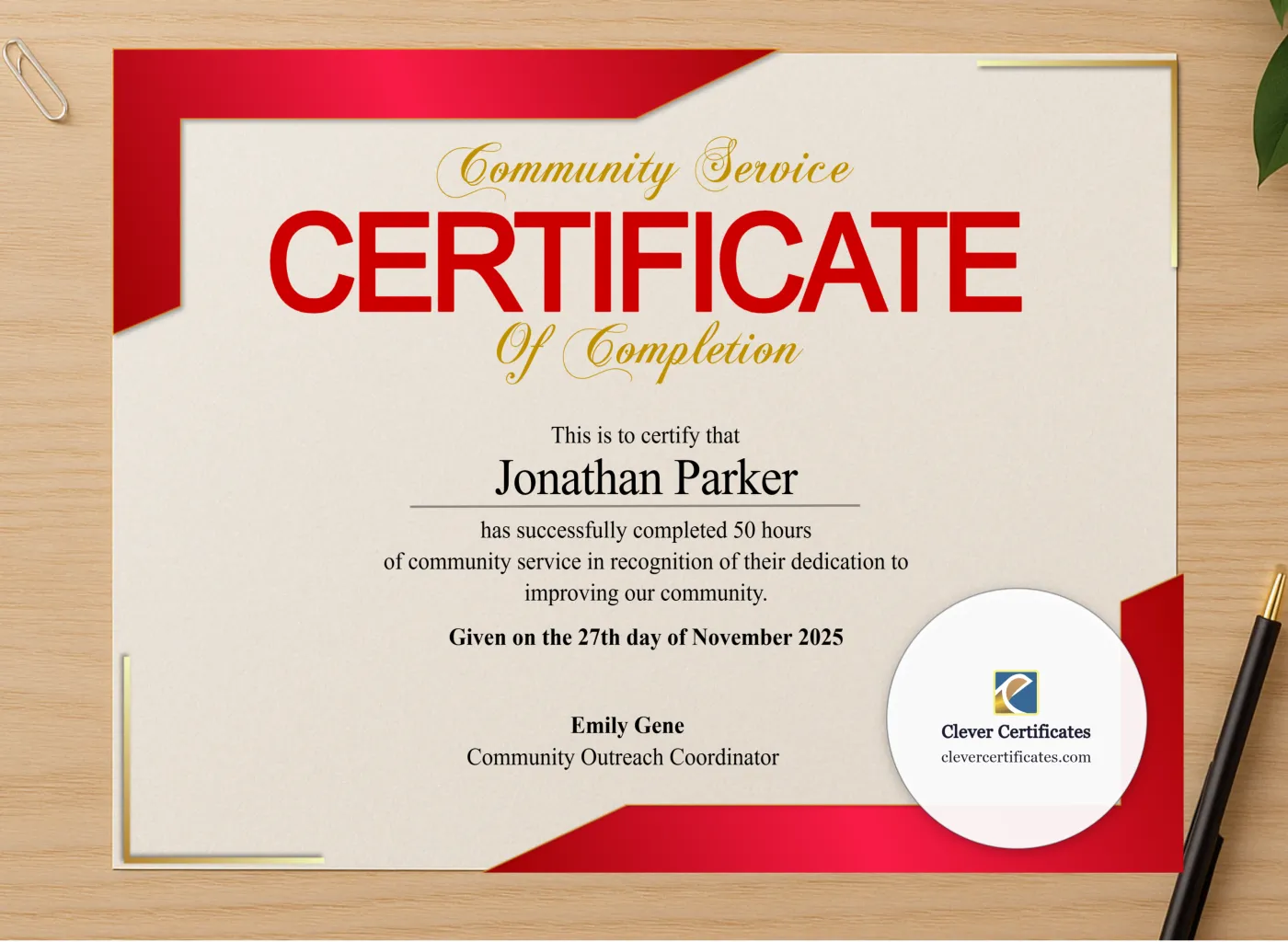 Professional preview of Hours of Service Certificate certificate on high-quality stationery paper, ideal for showcasing the final look.