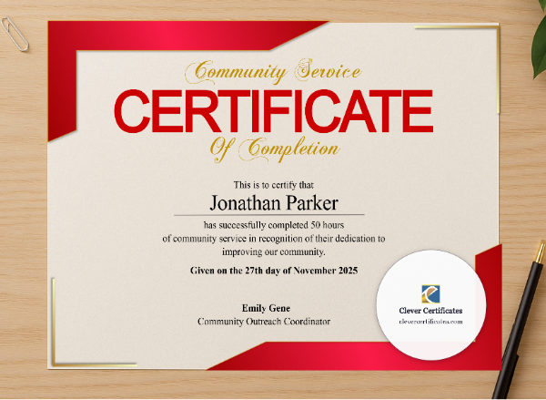 Professional preview of Hours of Service Certificate certificate on high-quality stationery paper, ideal for showcasing the final look.