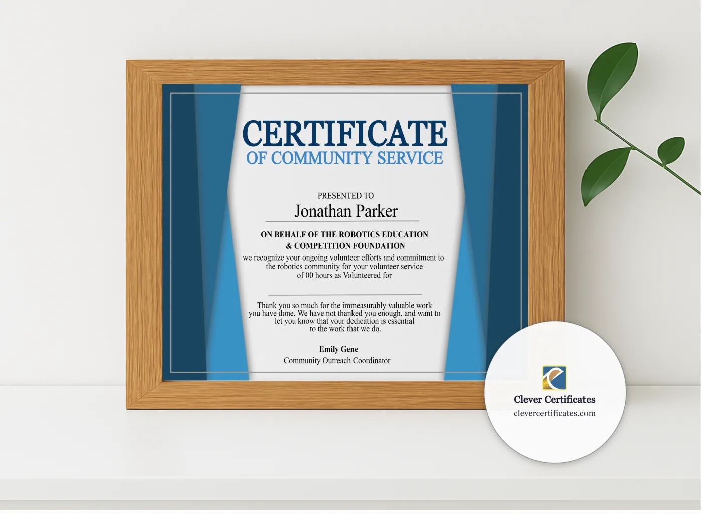 Realistic mockup featuring School Volunteer Certificate displayed within a modern frame, set against a minimalistic background.