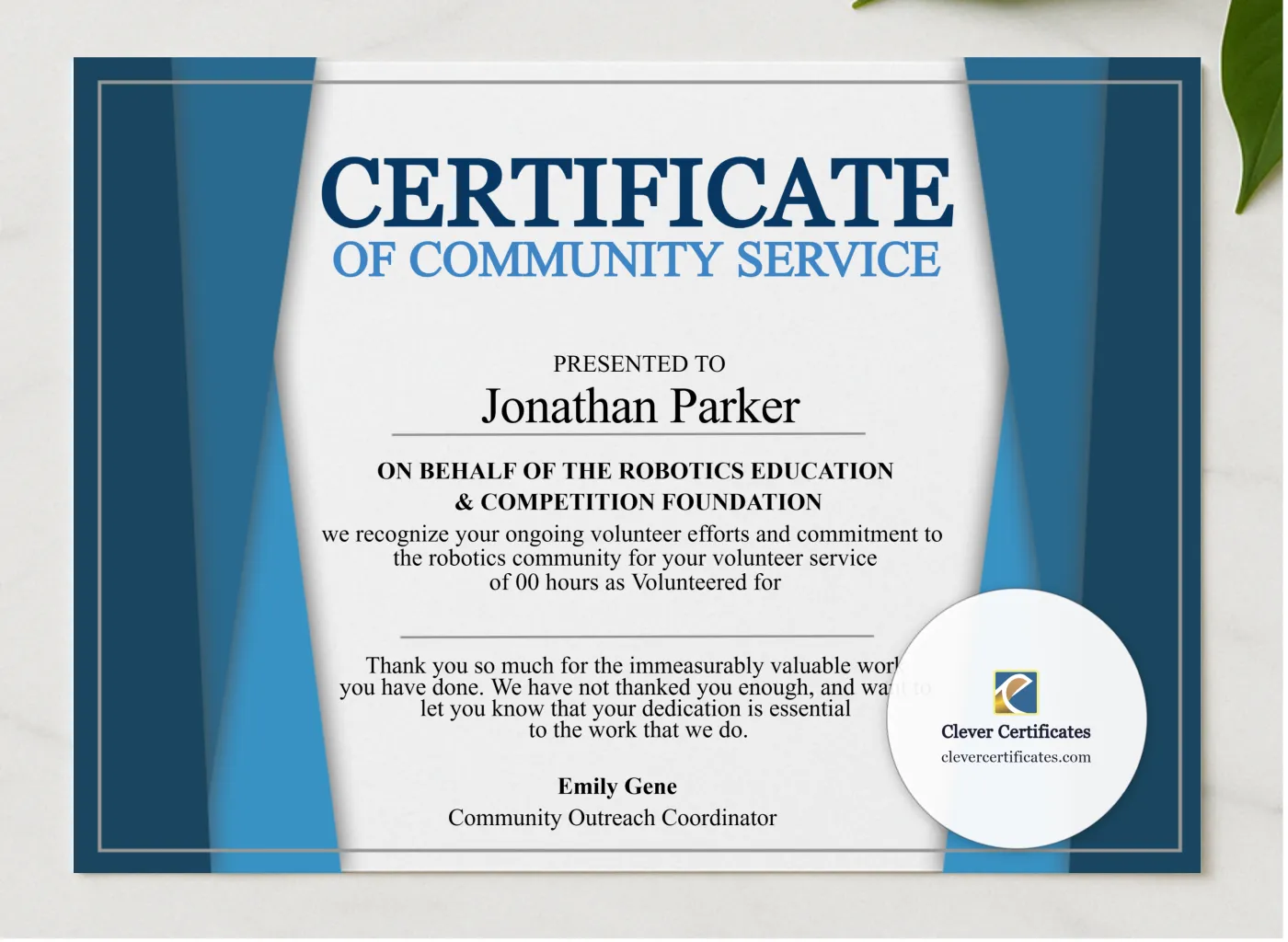 School Volunteer Certificate presented in a sleek wooden frame, elegantly arranged on a stylish table.