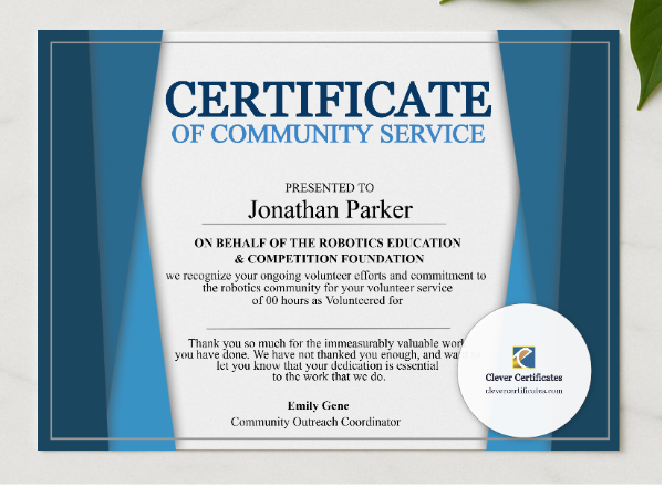 School Volunteer Certificate presented in a sleek wooden frame, elegantly arranged on a stylish table.