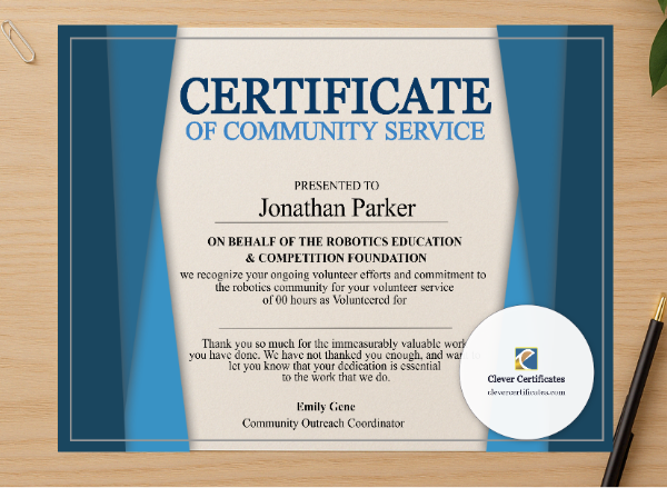 Professional preview of School Volunteer Certificate certificate on high-quality stationery paper, ideal for showcasing the final look.