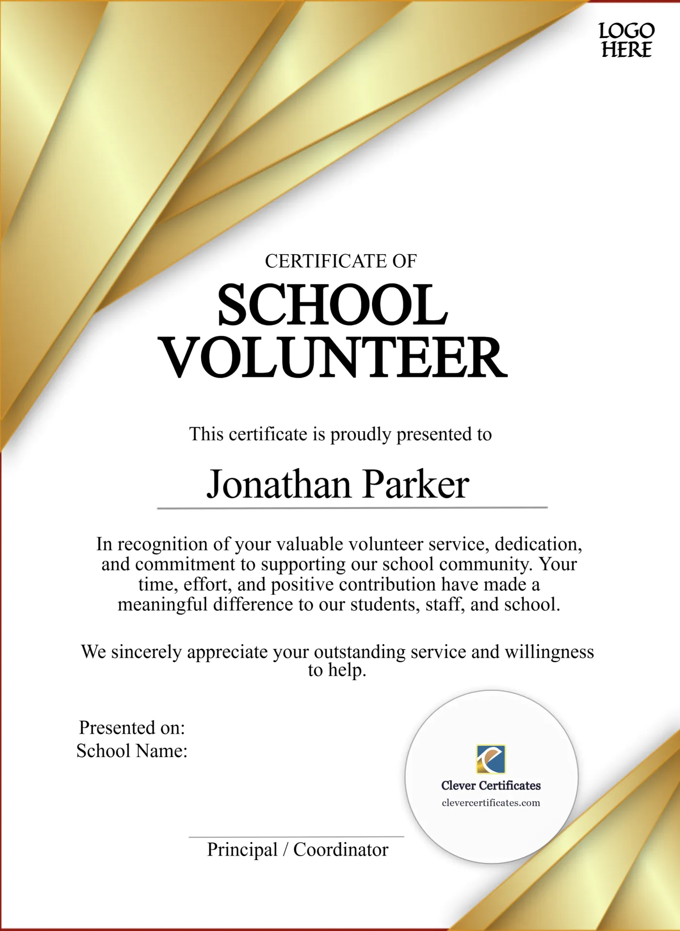 School Volunteer Certificate Portrait — Certificate Template Preview