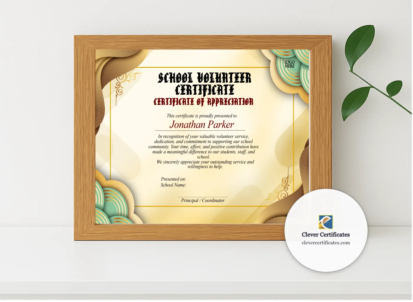 Realistic mockup featuring Nonprofit Volunteer Certificate displayed within a modern frame, set against a minimalistic background.
