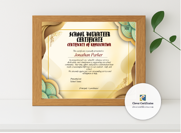 Realistic mockup featuring Nonprofit Volunteer Certificate displayed within a modern frame, set against a minimalistic background.