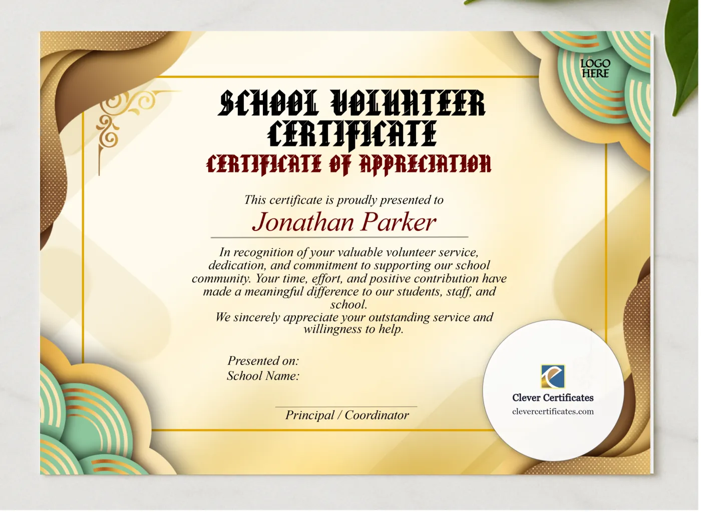 Nonprofit Volunteer Certificate presented in a sleek wooden frame, elegantly arranged on a stylish table.