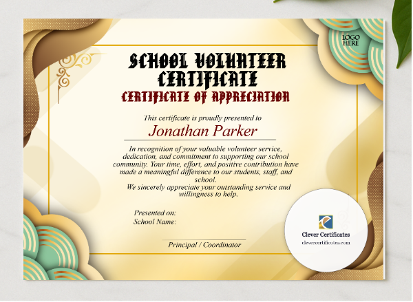 Nonprofit Volunteer Certificate presented in a sleek wooden frame, elegantly arranged on a stylish table.