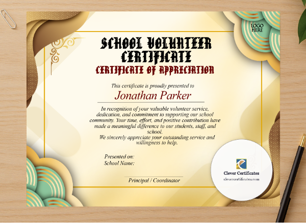 Professional preview of Nonprofit Volunteer Certificate certificate on high-quality stationery paper, ideal for showcasing the final look.