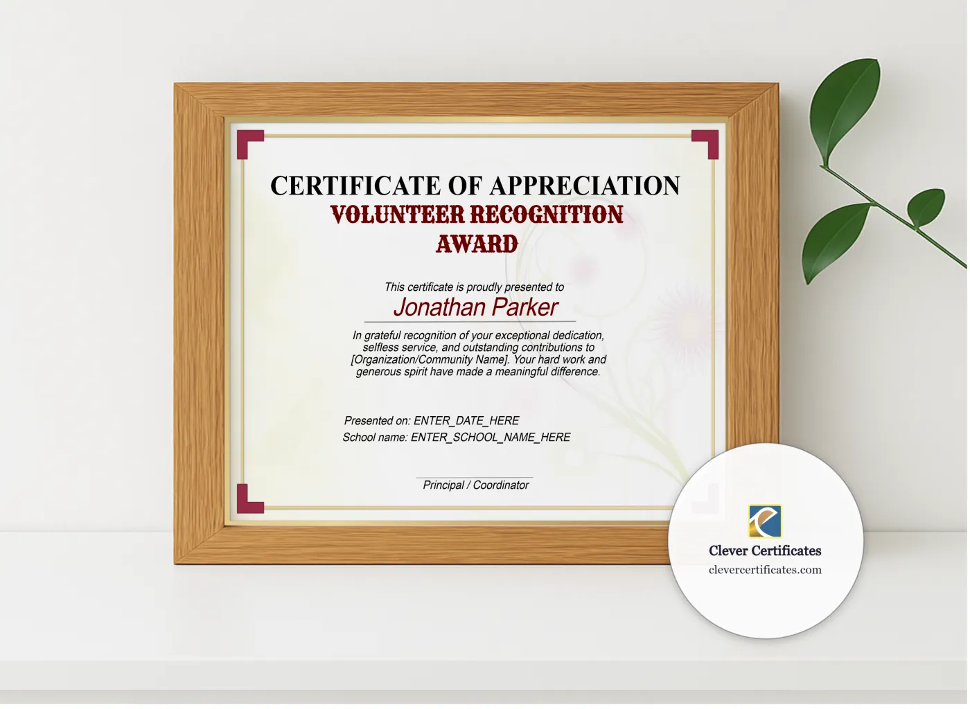 Realistic mockup featuring Volunteer Recognition Award displayed within a modern frame, set against a minimalistic background.