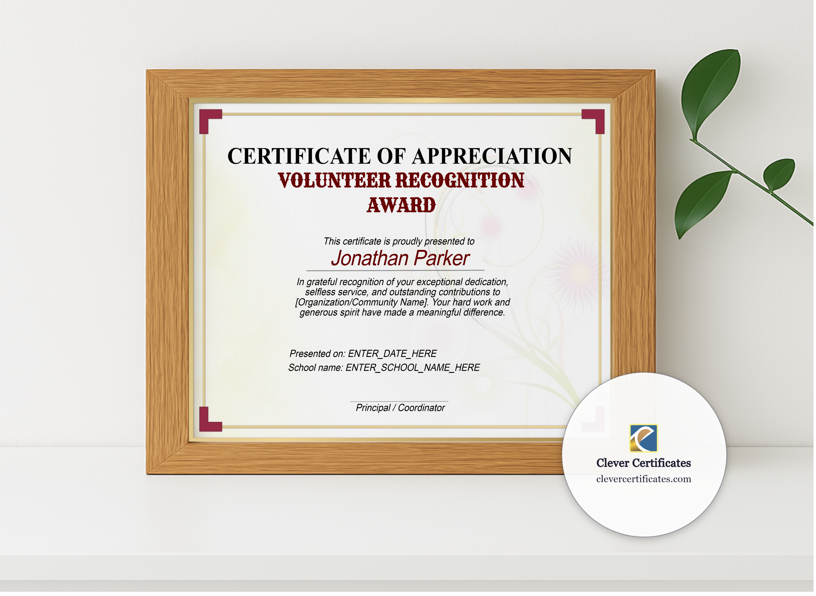 Realistic mockup featuring Volunteer Recognition Award displayed within a modern frame, set against a minimalistic background.