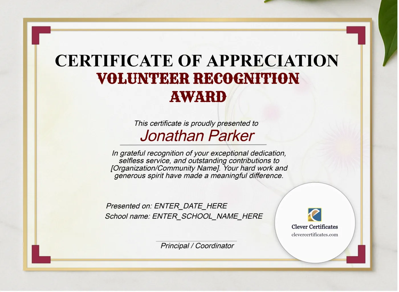 Volunteer Recognition Award presented in a sleek wooden frame, elegantly arranged on a stylish table.